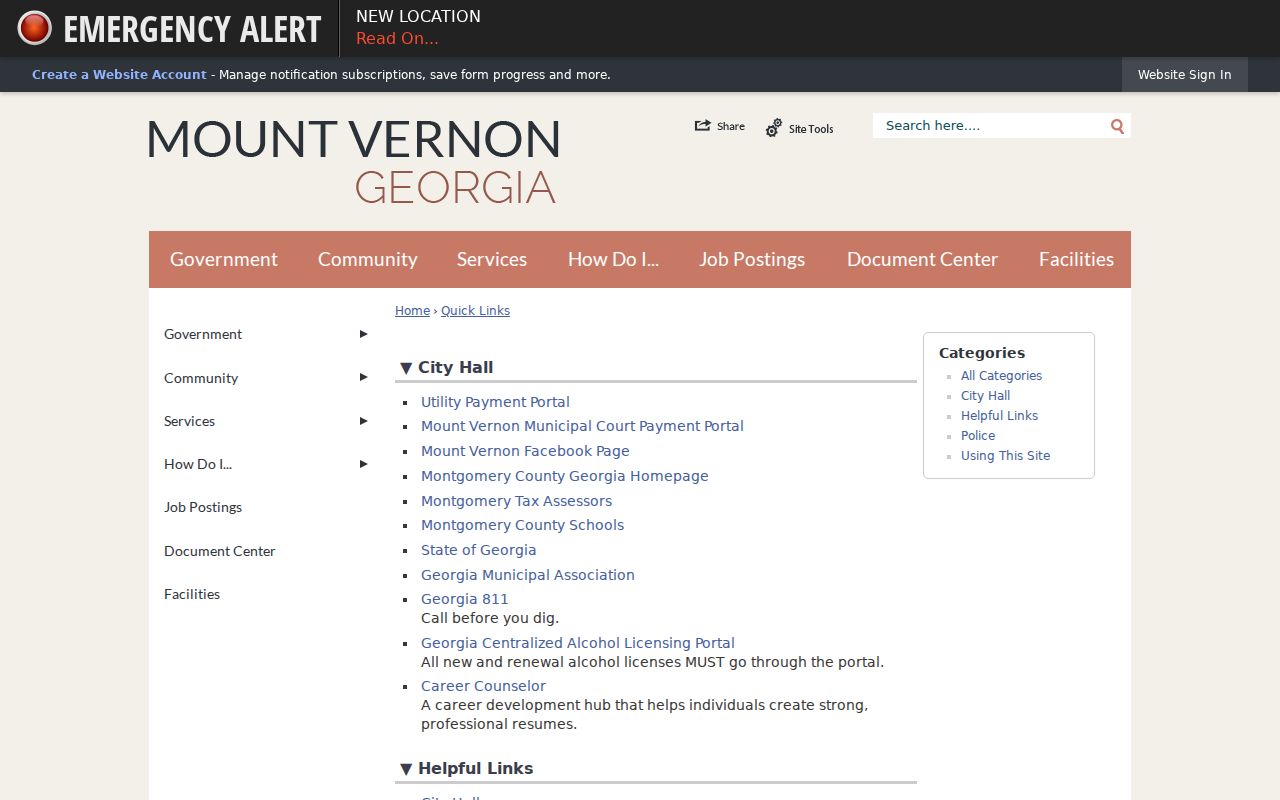 Mount Vernon Quick Links showing municipal court and citation payment options